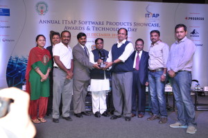 J Ramachandran CEO, Naveen Gattu COO and Ganes Kesari Vice President accepting the award from IT minister of AP.