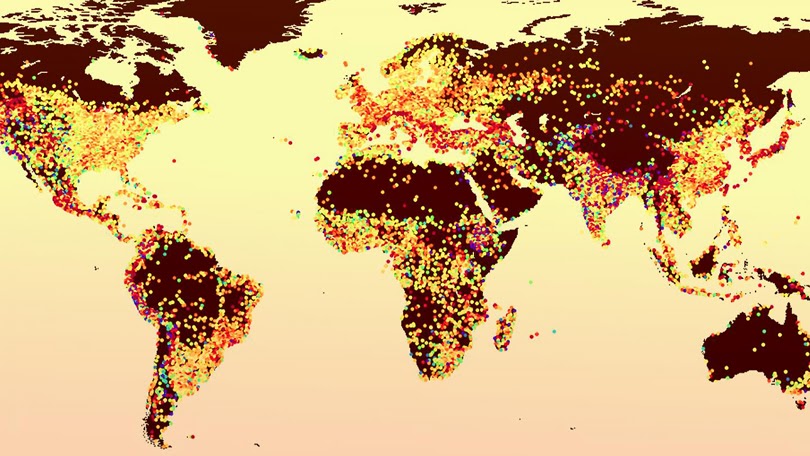 a spatial data visualization world map showing UHIs in 30,000 cities